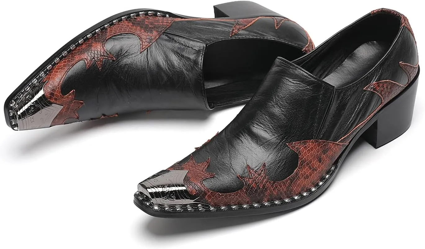 Men's Slip On Shoes Dress Casual Loafers with Metal Pointed Toe, Block Heel, Genuine Leather Two Tone Western Shoes for Office, Party, and Bar Wear
