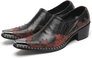 Men's Slip On Shoes Dress Casual Loafers with Metal Pointed Toe, Block Heel, Genuine Leather Two Tone Western Shoes for Office, Party, and Bar Wear