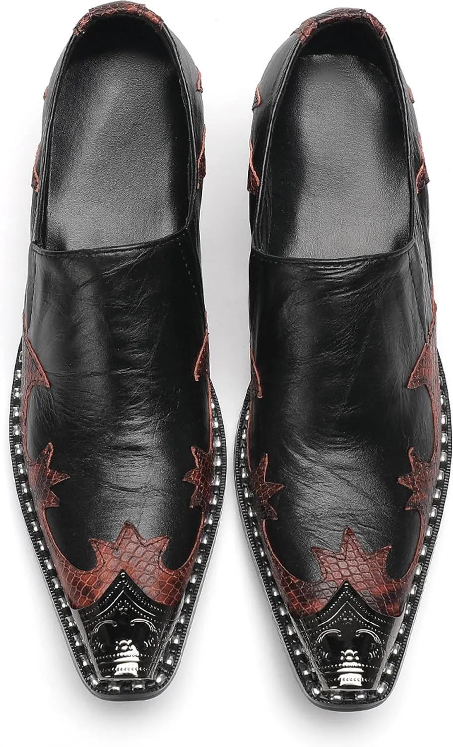 Men's Slip On Shoes Dress Casual Loafers with Metal Pointed Toe, Block Heel, Genuine Leather Two Tone Western Shoes for Office, Party, and Bar Wear