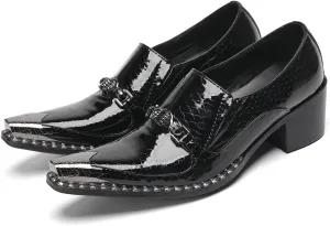 Men's Slip-On Shoes Dress Csaual Loafers with Metal Pointed Toe, Block Heel, Fashion Genuine Leather Western Shoes for Ballroom, Party, and Bar Wear