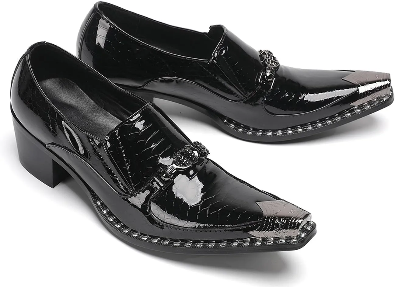 Men's Slip-On Shoes Dress Csaual Loafers with Metal Pointed Toe, Block Heel, Fashion Genuine Leather Western Shoes for Ballroom, Party, and Bar Wear