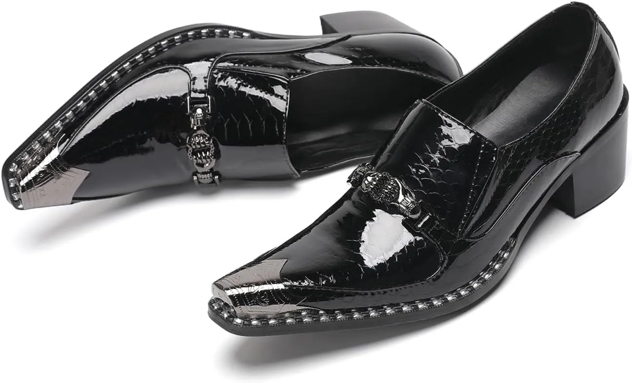 Men's Slip-On Shoes Dress Csaual Loafers with Metal Pointed Toe, Block Heel, Fashion Genuine Leather Western Shoes for Ballroom, Party, and Bar Wear