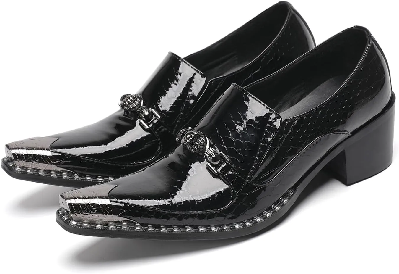 Men's Slip-On Shoes Dress Csaual Loafers with Metal Pointed Toe, Block Heel, Fashion Genuine Leather Western Shoes for Ballroom, Party, and Bar Wear