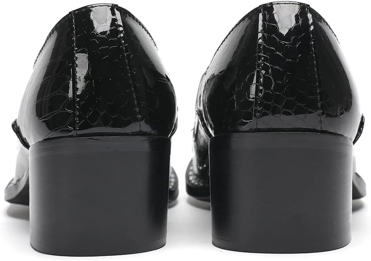 Men's Slip-On Shoes Dress Csaual Loafers with Metal Pointed Toe, Block Heel, Fashion Genuine Leather Western Shoes for Ballroom, Party, and Bar Wear