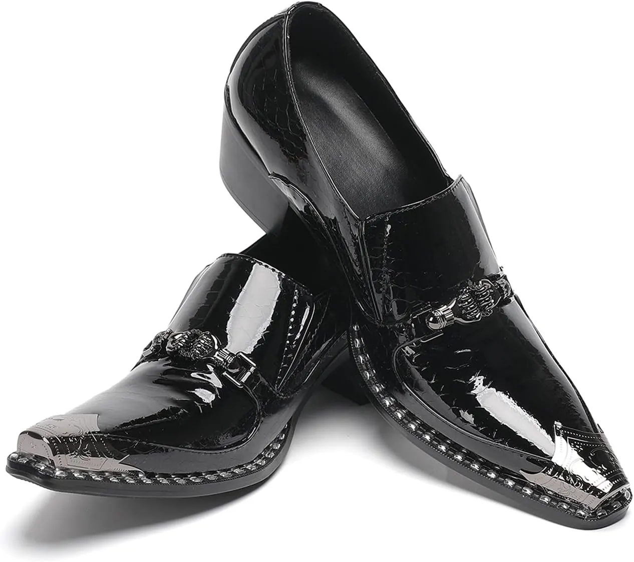 Men's Slip-On Shoes Dress Csaual Loafers with Metal Pointed Toe, Block Heel, Fashion Genuine Leather Western Shoes for Ballroom, Party, and Bar Wear