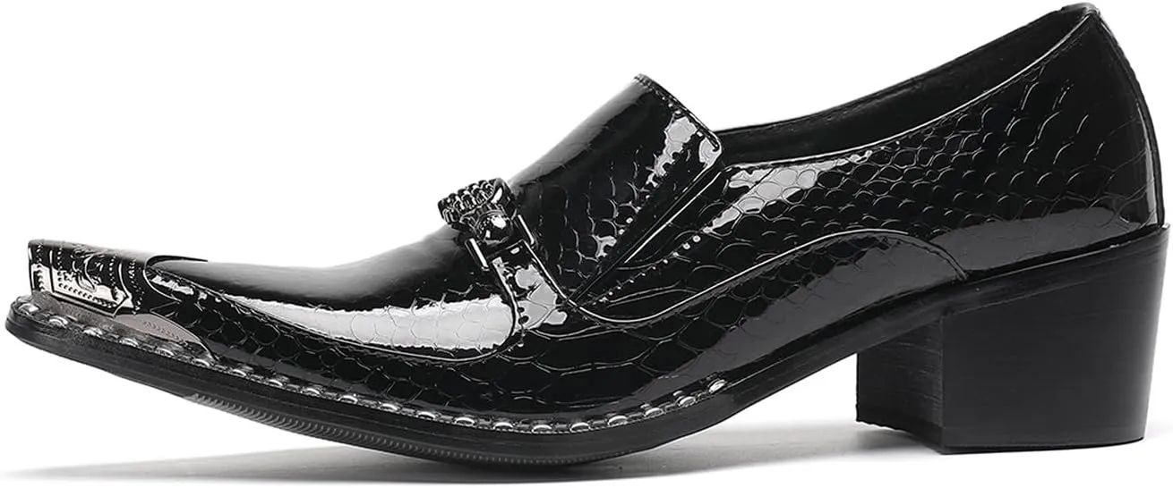 Men's Slip-On Shoes Dress Csaual Loafers with Metal Pointed Toe, Block Heel, Fashion Genuine Leather Western Shoes for Ballroom, Party, and Bar Wear