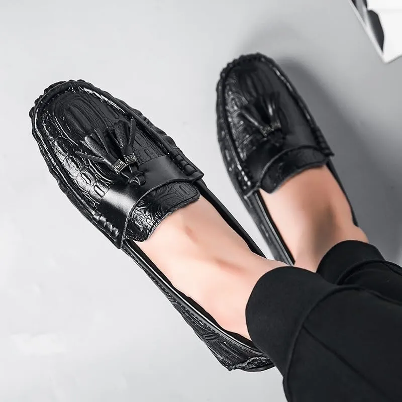 Men's Square Toe Crocodile Print Tassel Driving Loafers - PU Leather, Lightweight, Comfortable Outdoor & Party Slip-On Shoes