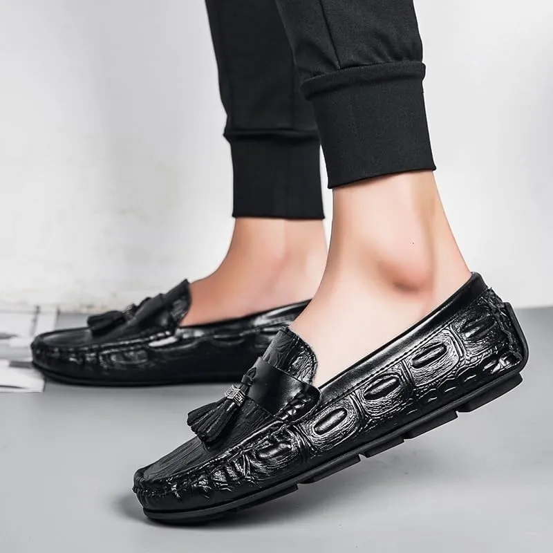 Men's Square Toe Crocodile Print Tassel Driving Loafers - PU Leather, Lightweight, Comfortable Outdoor & Party Slip-On Shoes