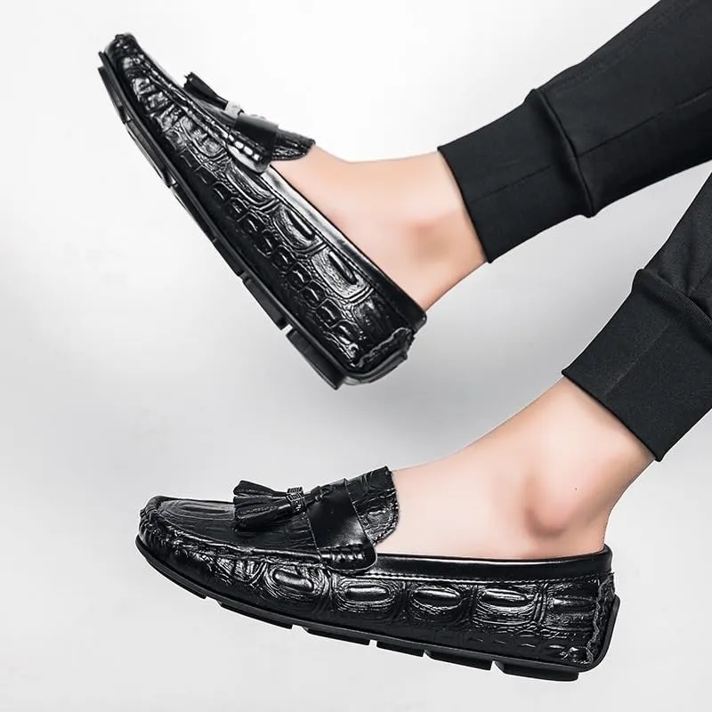 Men's Square Toe Crocodile Print Tassel Driving Loafers - PU Leather, Lightweight, Comfortable Outdoor & Party Slip-On Shoes