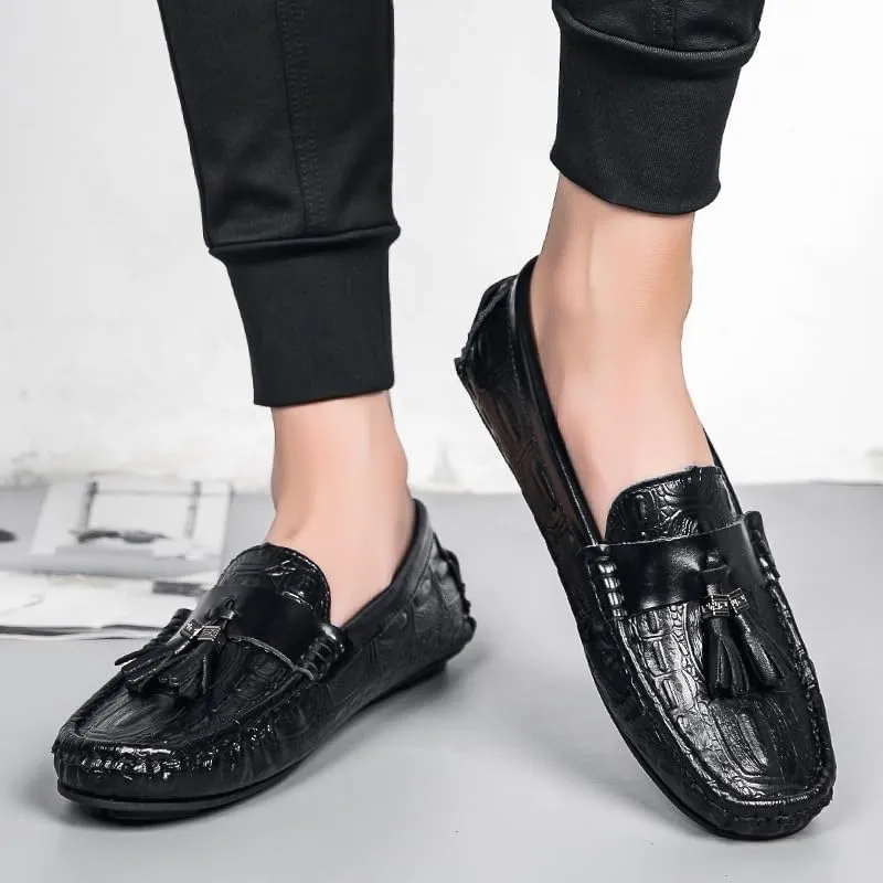 Men's Square Toe Crocodile Print Tassel Driving Loafers - PU Leather, Lightweight, Comfortable Outdoor & Party Slip-On Shoes