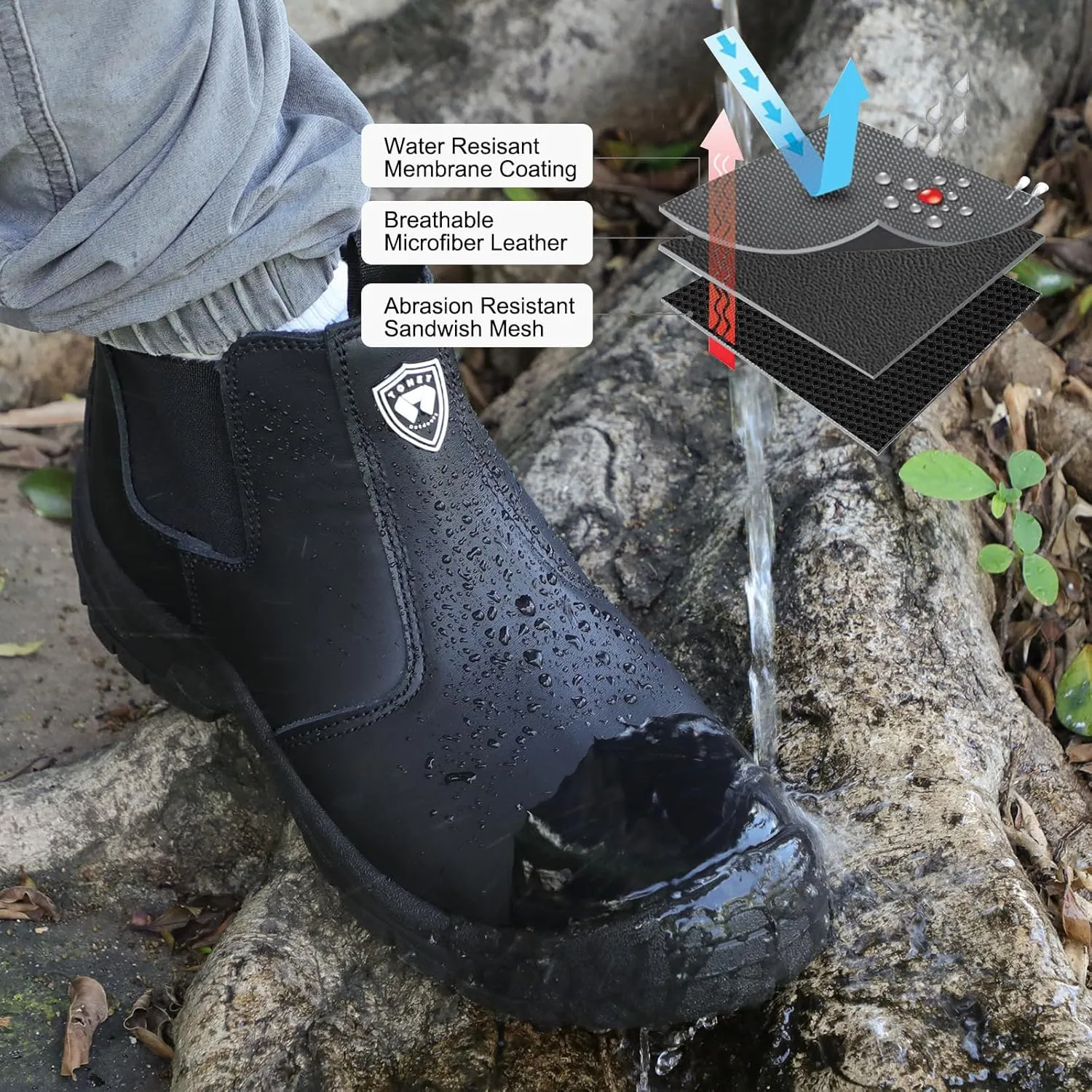 Men's Steel Toe Work Boots,Slip Resistant Chelsea Boots, Men's Industrial & Construction Shoes,Waterproof,Lightweight,Comfortable,Non-Slip Safety Shoes,Black