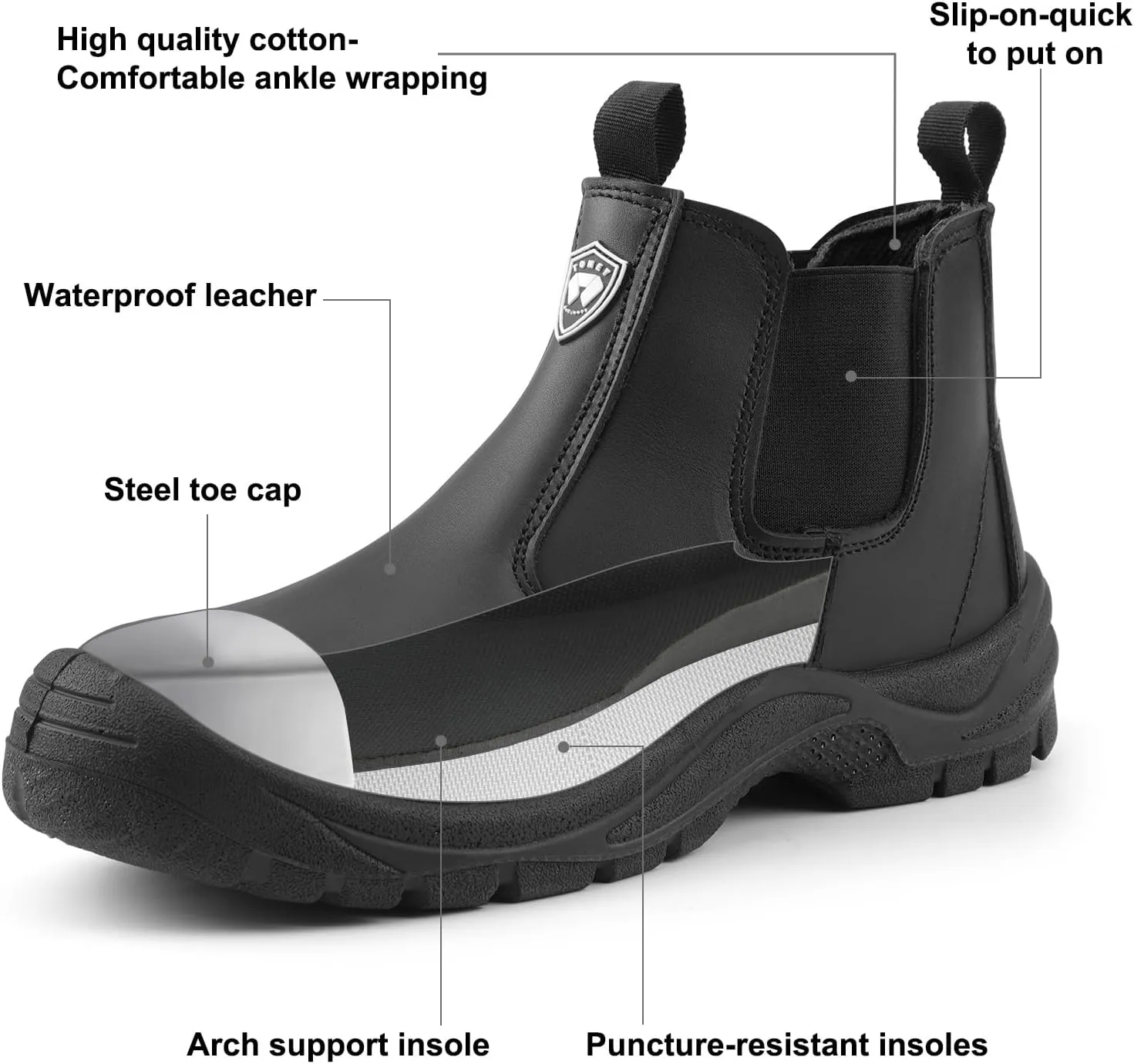 Men's Steel Toe Work Boots,Slip Resistant Chelsea Boots, Men's Industrial & Construction Shoes,Waterproof,Lightweight,Comfortable,Non-Slip Safety Shoes,Black