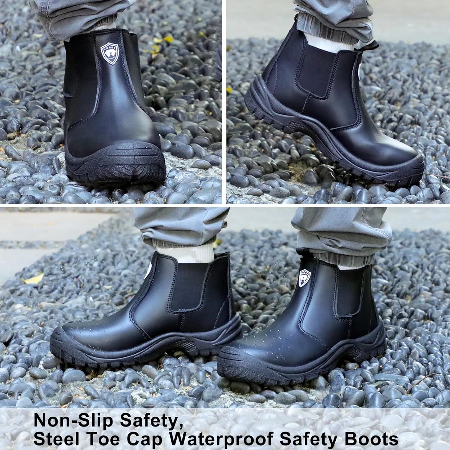Men's Steel Toe Work Boots,Slip Resistant Chelsea Boots, Men's Industrial & Construction Shoes,Waterproof,Lightweight,Comfortable,Non-Slip Safety Shoes,Black