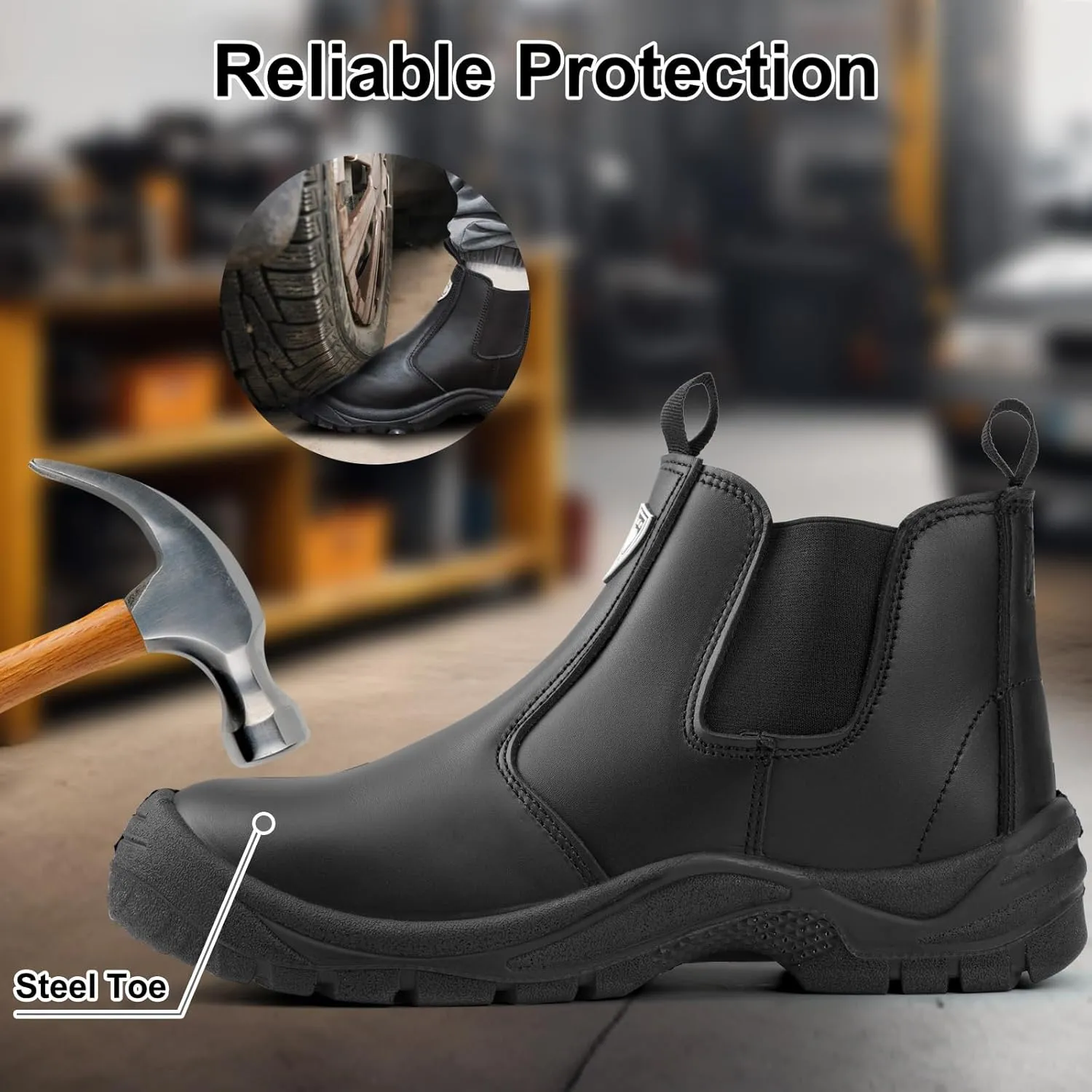 Men's Steel Toe Work Boots,Slip Resistant Chelsea Boots, Men's Industrial & Construction Shoes,Waterproof,Lightweight,Comfortable,Non-Slip Safety Shoes,Black