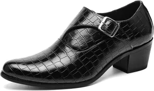 Men's Stone Pattern Chunky Heel Monk Strap Loafers Fashion Classic Pointed Toe Slip On Low Top Chelsea Business Dress Oxford Shoes