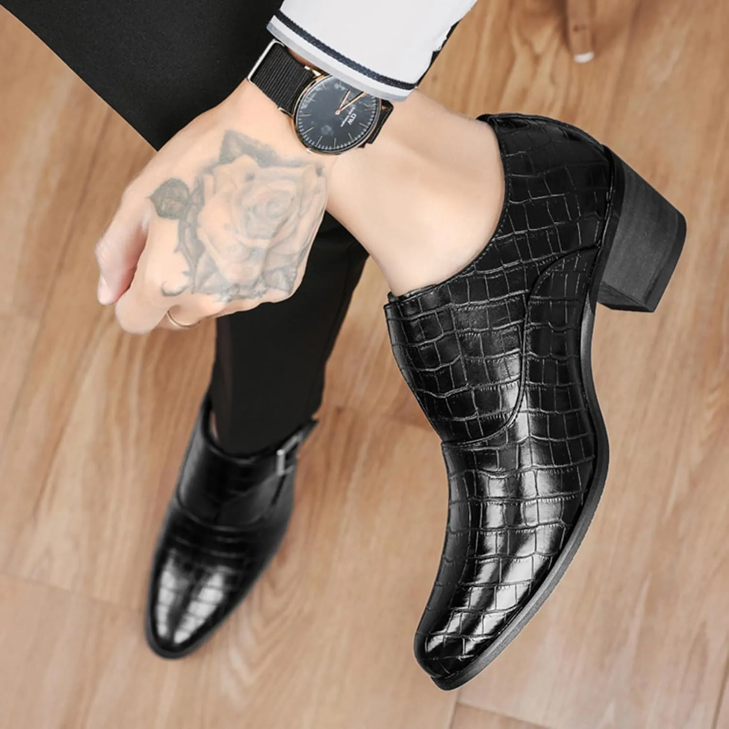 Men's Stone Pattern Chunky Heel Monk Strap Loafers Fashion Classic Pointed Toe Slip On Low Top Chelsea Business Dress Oxford Shoes