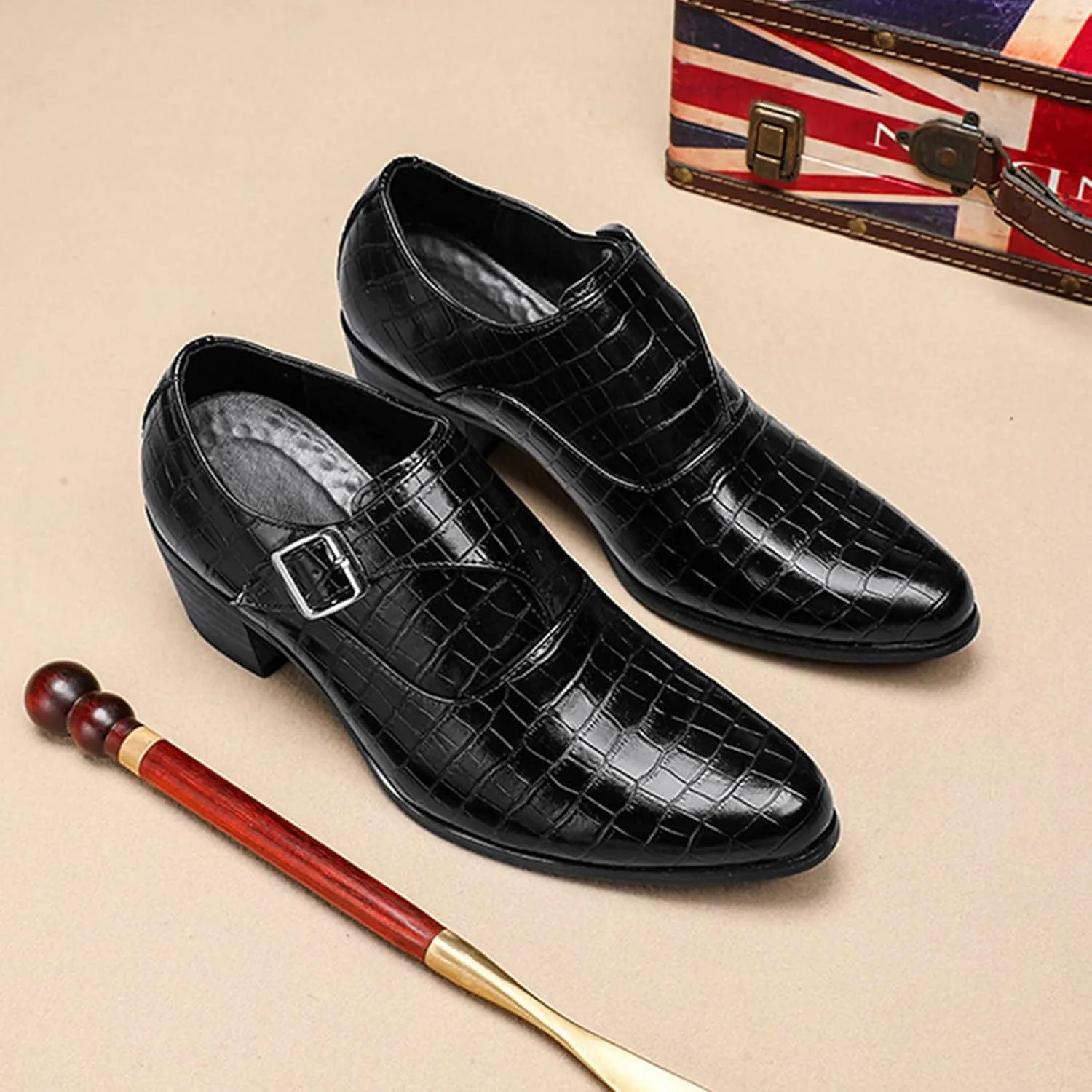 Men's Stone Pattern Chunky Heel Monk Strap Loafers Fashion Classic Pointed Toe Slip On Low Top Chelsea Business Dress Oxford Shoes
