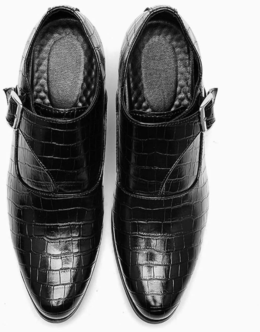 Men's Stone Pattern Chunky Heel Monk Strap Loafers Fashion Classic Pointed Toe Slip On Low Top Chelsea Business Dress Oxford Shoes