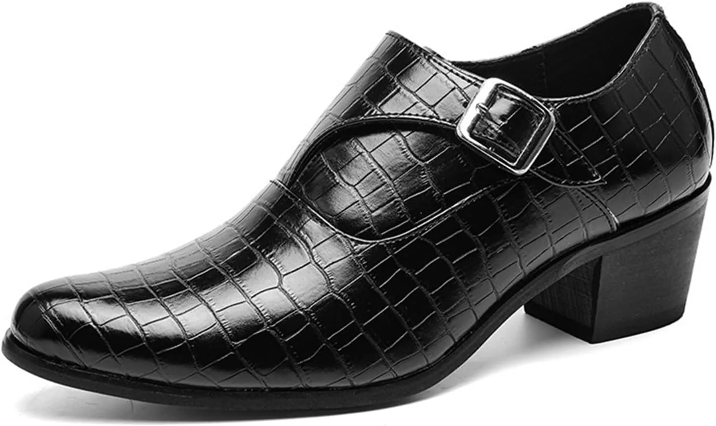 Men's Stone Pattern Chunky Heel Monk Strap Loafers Fashion Classic Pointed Toe Slip On Low Top Chelsea Business Dress Oxford Shoes
