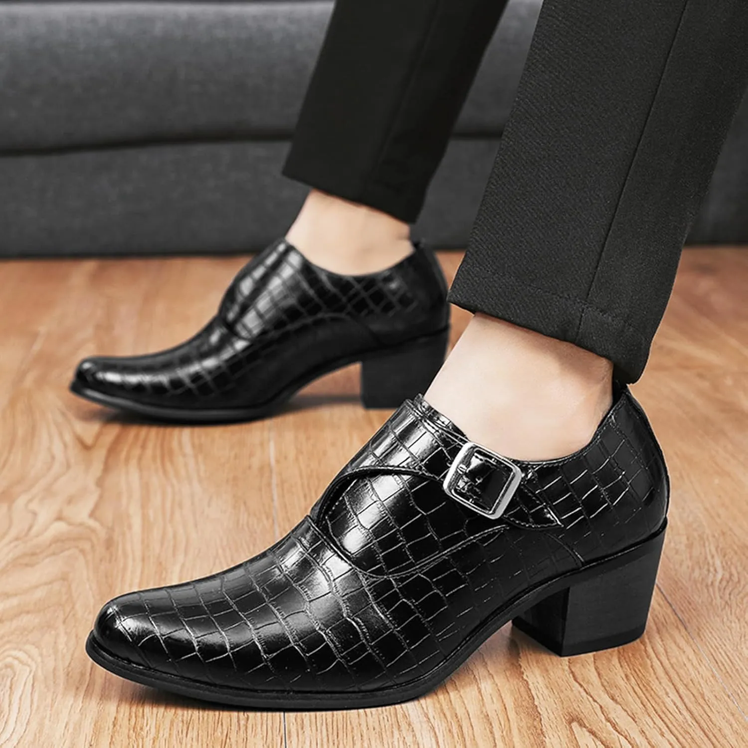 Men's Stone Pattern Chunky Heel Monk Strap Loafers Fashion Classic Pointed Toe Slip On Low Top Chelsea Business Dress Oxford Shoes