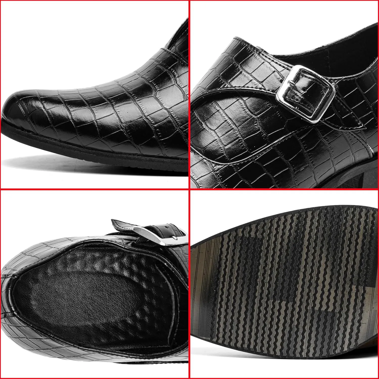 Men's Stone Pattern Chunky Heel Monk Strap Loafers Fashion Classic Pointed Toe Slip On Low Top Chelsea Business Dress Oxford Shoes