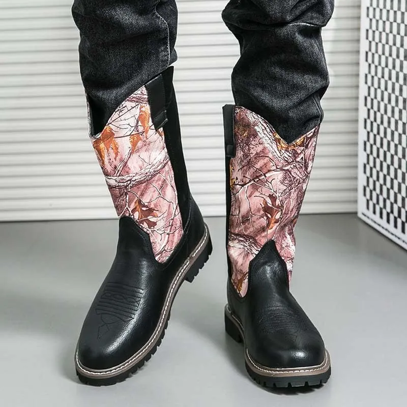 Men's Western Boots,Men's Cowboy Boots,Men's Outdoor Casual Leather Boots,Biker Boots,Leaf Graffiti Design,Fashion and Comfortable,Non-slip,Durable and Soft