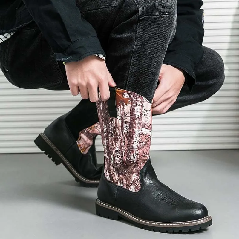 Men's Western Boots,Men's Cowboy Boots,Men's Outdoor Casual Leather Boots,Biker Boots,Leaf Graffiti Design,Fashion and Comfortable,Non-slip,Durable and Soft