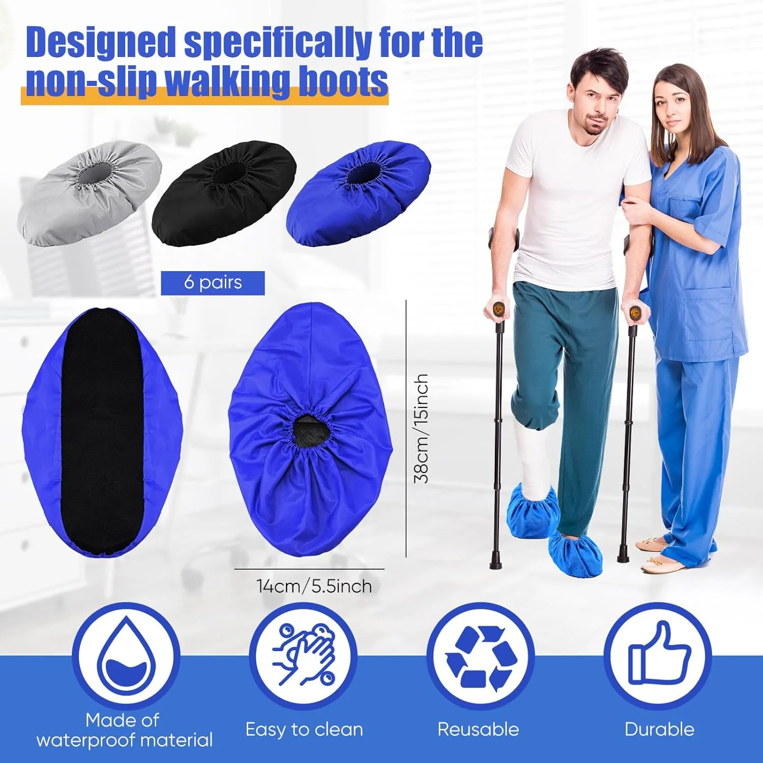 Mepase 12 Pieces Fracture Walking Boot Cover, Reusable Waterproof Non-Skid Foot Brace Cover for Walking Boot Cast Rain, Black Gray Blue(14.96 x 5.51 Inches)