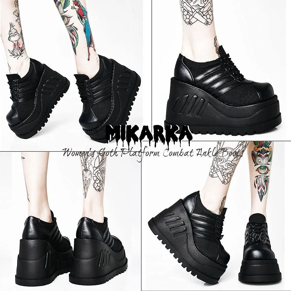 mikarka Black Platform Booties for Women, Lace Up Wedge Round Toe Combat Ankle Boots Goth