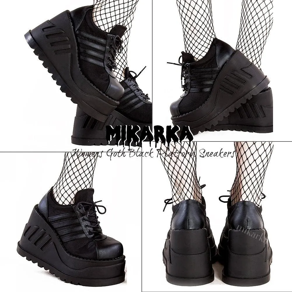 mikarka Black Platform Booties for Women, Lace Up Wedge Round Toe Combat Ankle Boots Goth