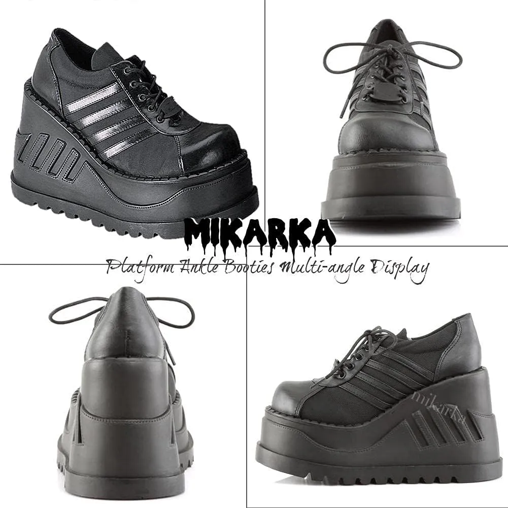 mikarka Black Platform Booties for Women, Lace Up Wedge Round Toe Combat Ankle Boots Goth
