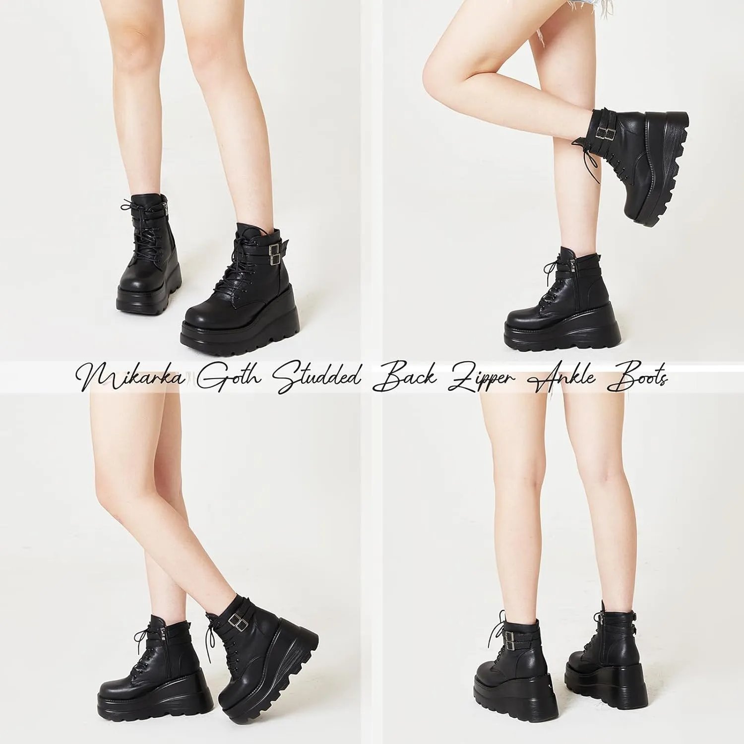 mikarka Holographic Platform Boots for Women, Lace Up Ankle Studded Buckle Goth Stacked Wedge Combat Ankle Boots