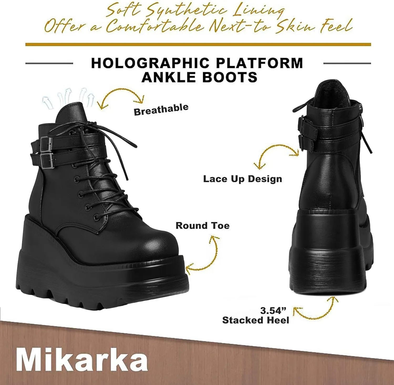 mikarka Holographic Platform Boots for Women, Lace Up Ankle Studded Buckle Goth Stacked Wedge Combat Ankle Boots