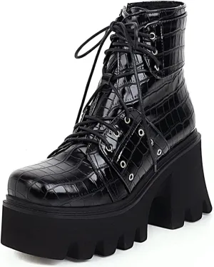 mikarka Zipper Studded Goth Platform Combat Ankle Boots for Women, Mid Chunky Block Heel Motorcycle Riding Mid Calf Boots