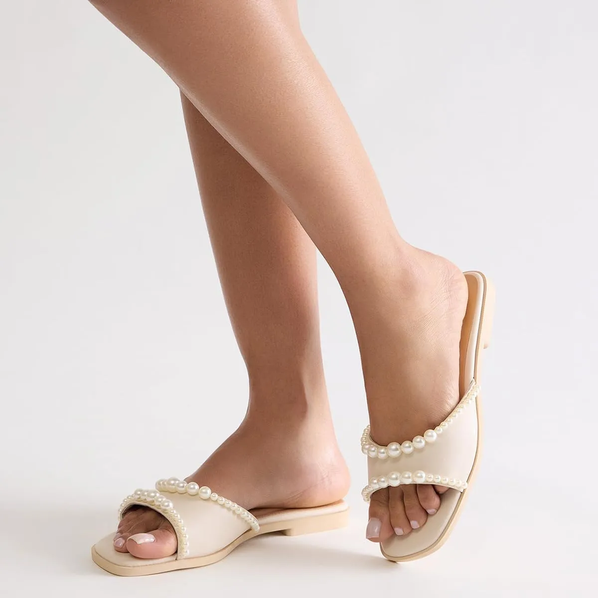 miss left Women Open Toe Studded Pearls Flat Sandals Slip on Comfortable Satin Slide Sandals Lightweight Solid Casual Slippers Size 4-16 US