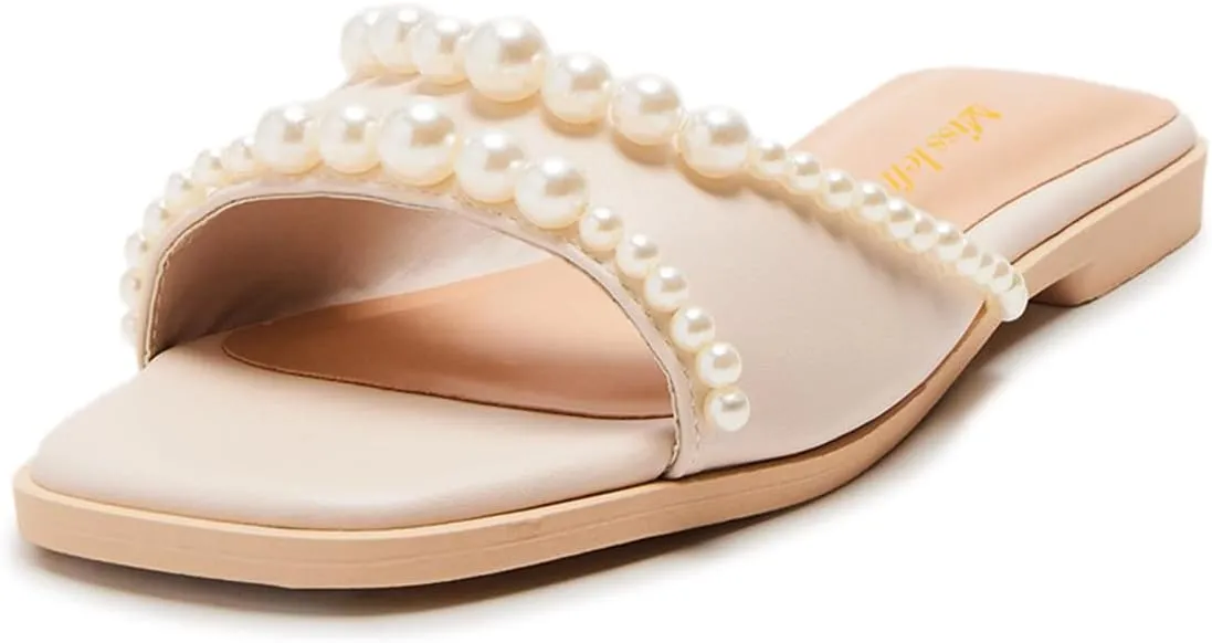 miss left Women Open Toe Studded Pearls Flat Sandals Slip on Comfortable Satin Slide Sandals Lightweight Solid Casual Slippers Size 4-16 US