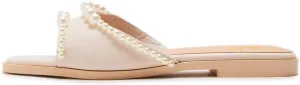 miss left Women Open Toe Studded Pearls Flat Sandals Slip on Comfortable Satin Slide Sandals Lightweight Solid Casual Slippers Size 4-16 US