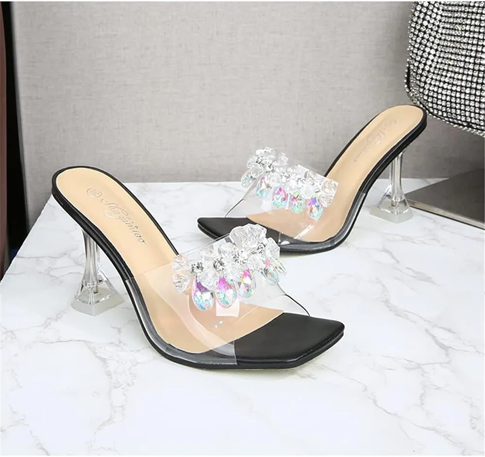 MissHeel Clear Chunky Heel Slip On Sandals with Crystals