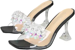 MissHeel Clear Chunky Heel Slip On Sandals with Crystals