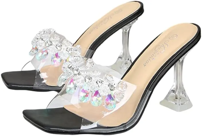 MissHeel Clear Chunky Heel Slip On Sandals with Crystals