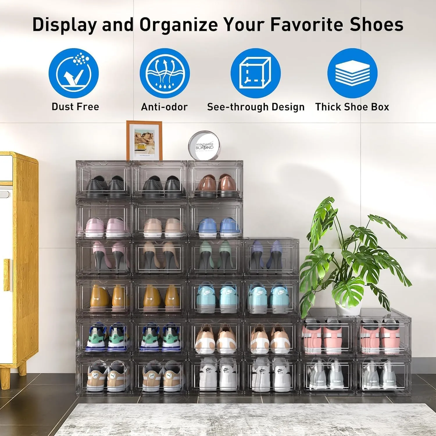 Mitees 10 Pack XX Large Thicken Sturdy Hard Plastic Clear Stackable Shoe Storage Boxes for Size 12, Sneaker Shoe Rack Containers Holders Bins Display Case Organizer for Closet, Grey