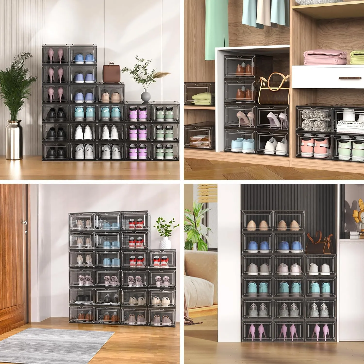 Mitees 10 Pack XX Large Thicken Sturdy Hard Plastic Clear Stackable Shoe Storage Boxes for Size 12, Sneaker Shoe Rack Containers Holders Bins Display Case Organizer for Closet, Grey
