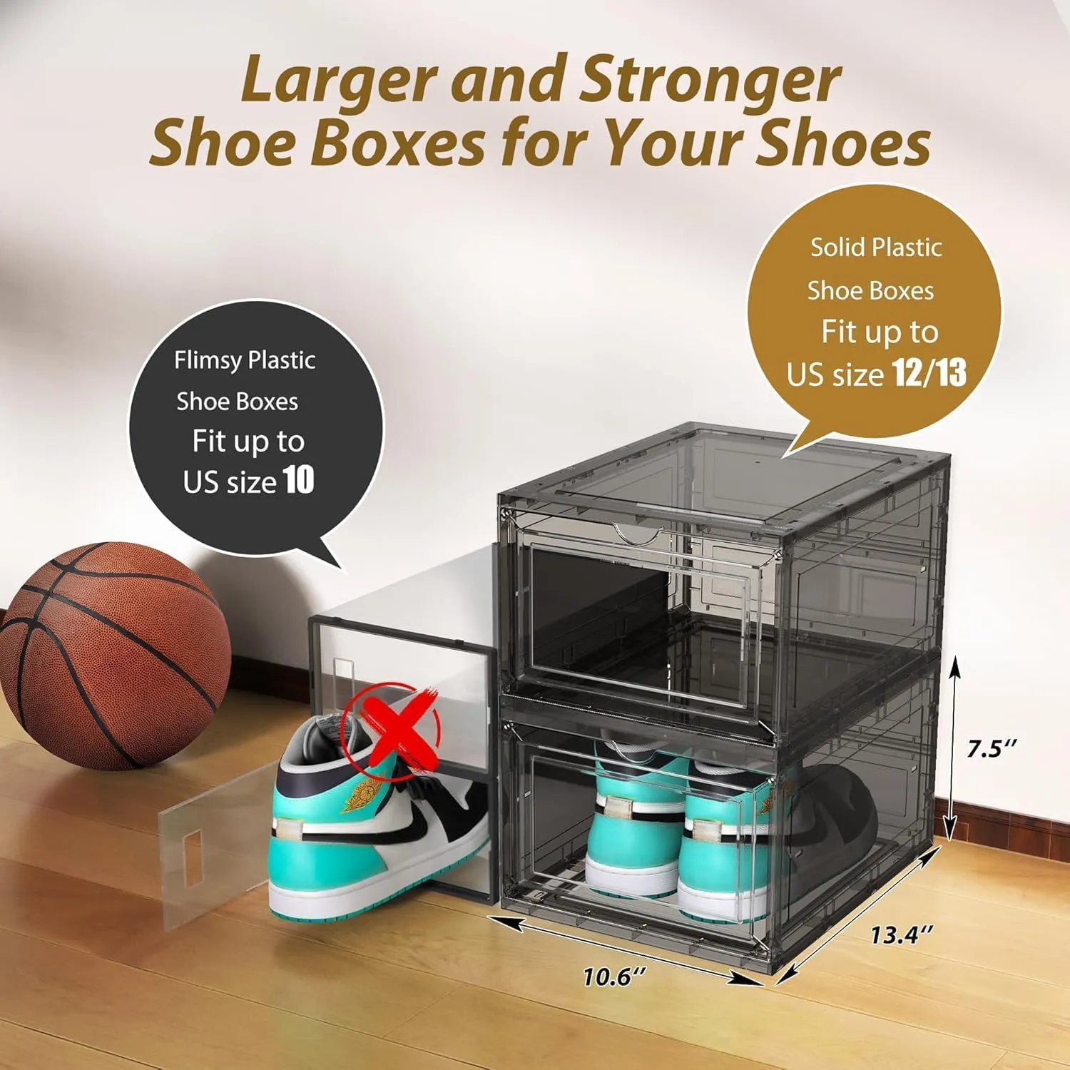 Mitees 10 Pack XX Large Thicken Sturdy Hard Plastic Clear Stackable Shoe Storage Boxes for Size 12, Sneaker Shoe Rack Containers Holders Bins Display Case Organizer for Closet, Grey
