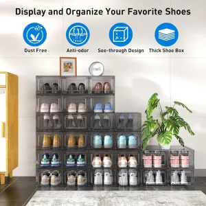 Mitees 10 Pack XX Large Thicken Sturdy Hard Plastic Clear Stackable Shoe Storage Boxes for Size 12, Sneaker Shoe Rack Containers Holders Bins Display Case Organizer for Closet, Grey