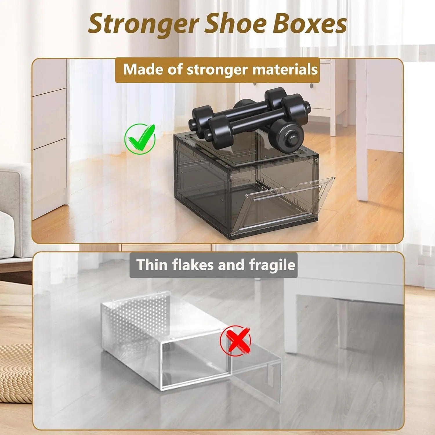 Mitees 10 Pack XX Large Thicken Sturdy Hard Plastic Clear Stackable Shoe Storage Boxes for Size 12, Sneaker Shoe Rack Containers Holders Bins Display Case Organizer for Closet, Grey