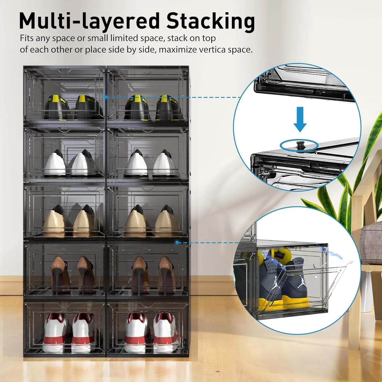 Mitees 10 Pack XX Large Thicken Sturdy Hard Plastic Clear Stackable Shoe Storage Boxes for Size 12, Sneaker Shoe Rack Containers Holders Bins Display Case Organizer for Closet, Grey