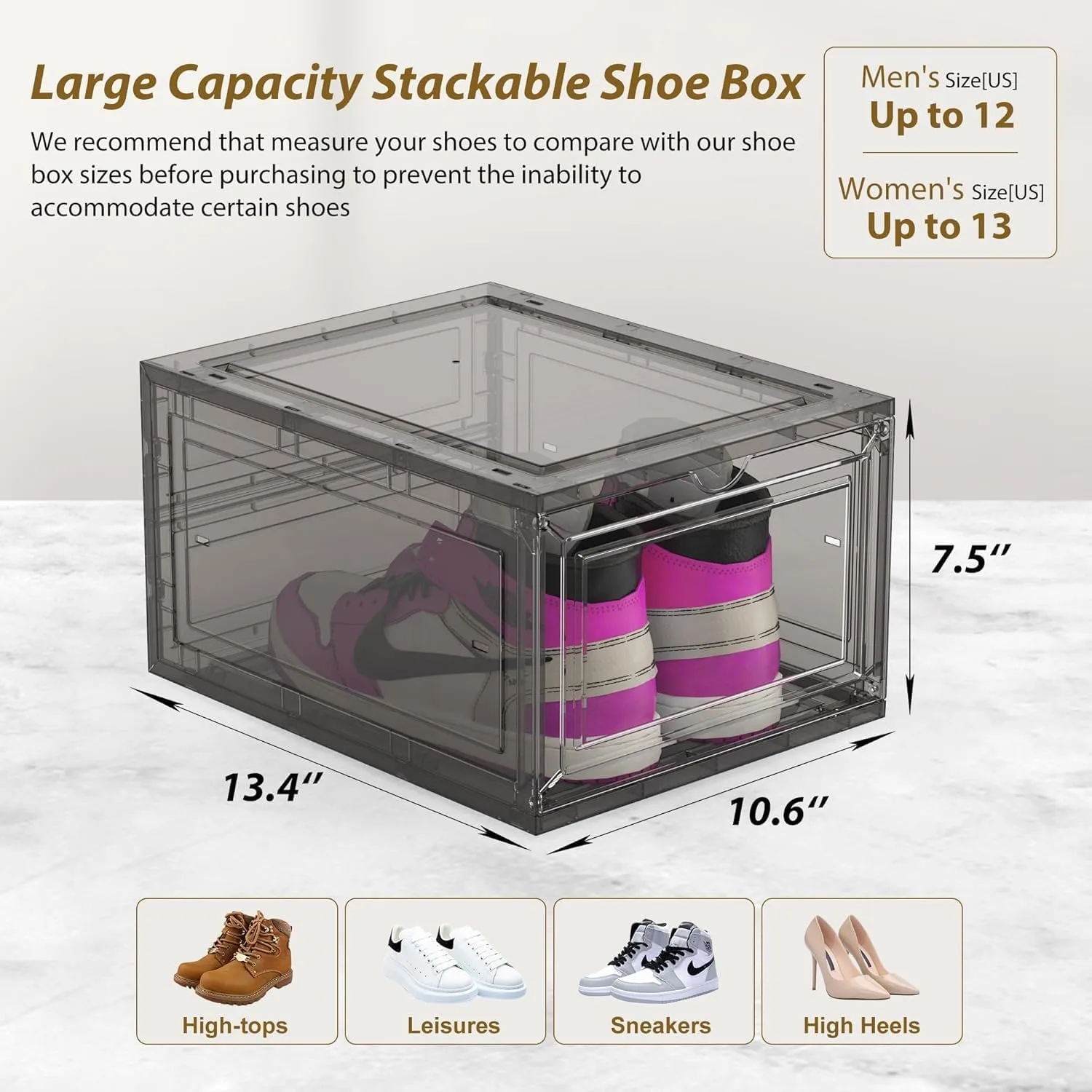 Mitees 10 Pack XX Large Thicken Sturdy Hard Plastic Clear Stackable Shoe Storage Boxes for Size 12, Sneaker Shoe Rack Containers Holders Bins Display Case Organizer for Closet, Grey
