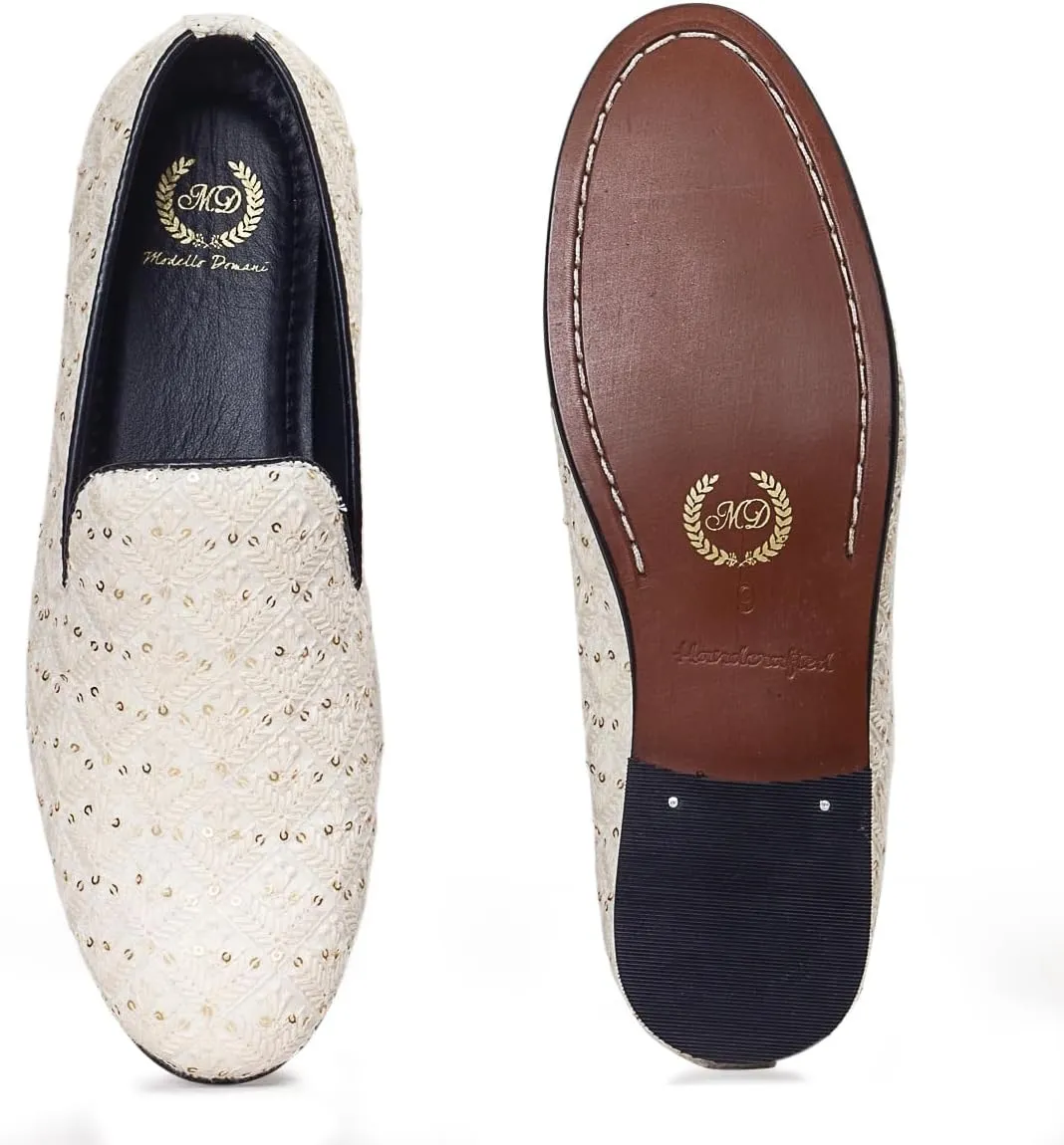 Modello Domani Indian Nawabi Cotton Slipons Men's Designer Shoes- Zardozi Luxurious Elegance Comfort Stylish Classic Style Embroidery Loafers Nappa Padded Lining | Handmade | Off White |