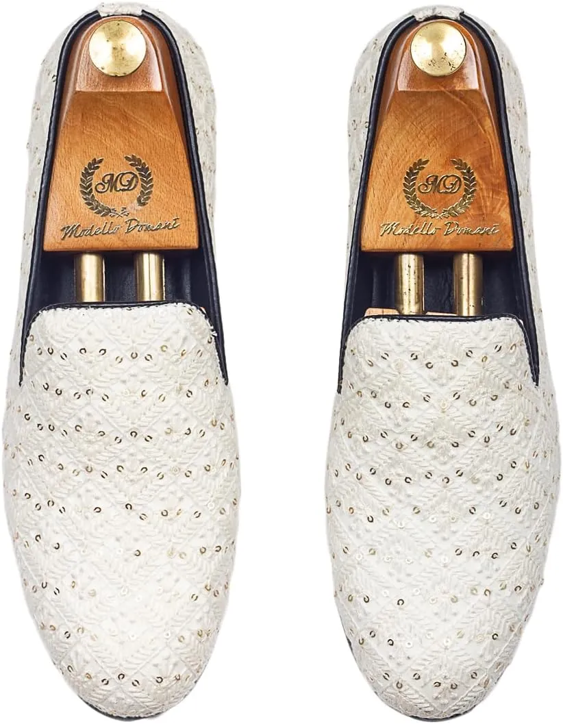 Modello Domani Indian Nawabi Cotton Slipons Men's Designer Shoes- Zardozi Luxurious Elegance Comfort Stylish Classic Style Embroidery Loafers Nappa Padded Lining | Handmade | Off White |