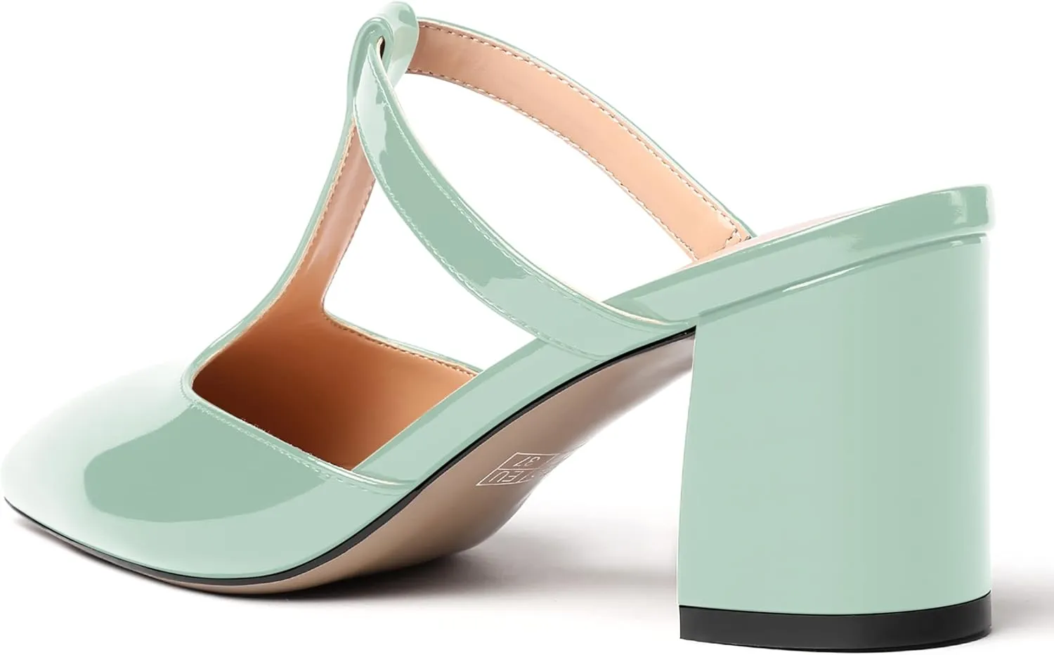 MODENCOCO Womens Dress Party Patent Pointed Toe Fashion Slip On T Strap Chunky Mid Heel Mules Shoes 2.5 Inch